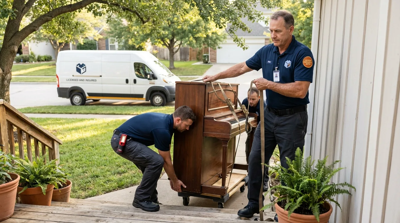 Licensed piano movers securing grand piano in Libertyville, IL