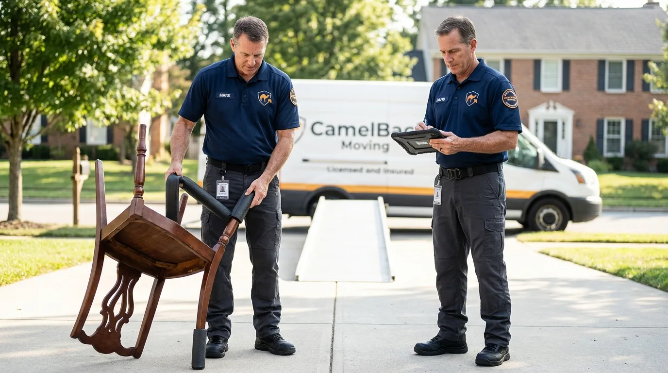 Movers inspecting furniture for damage prevention before loading in Libertyville, IL