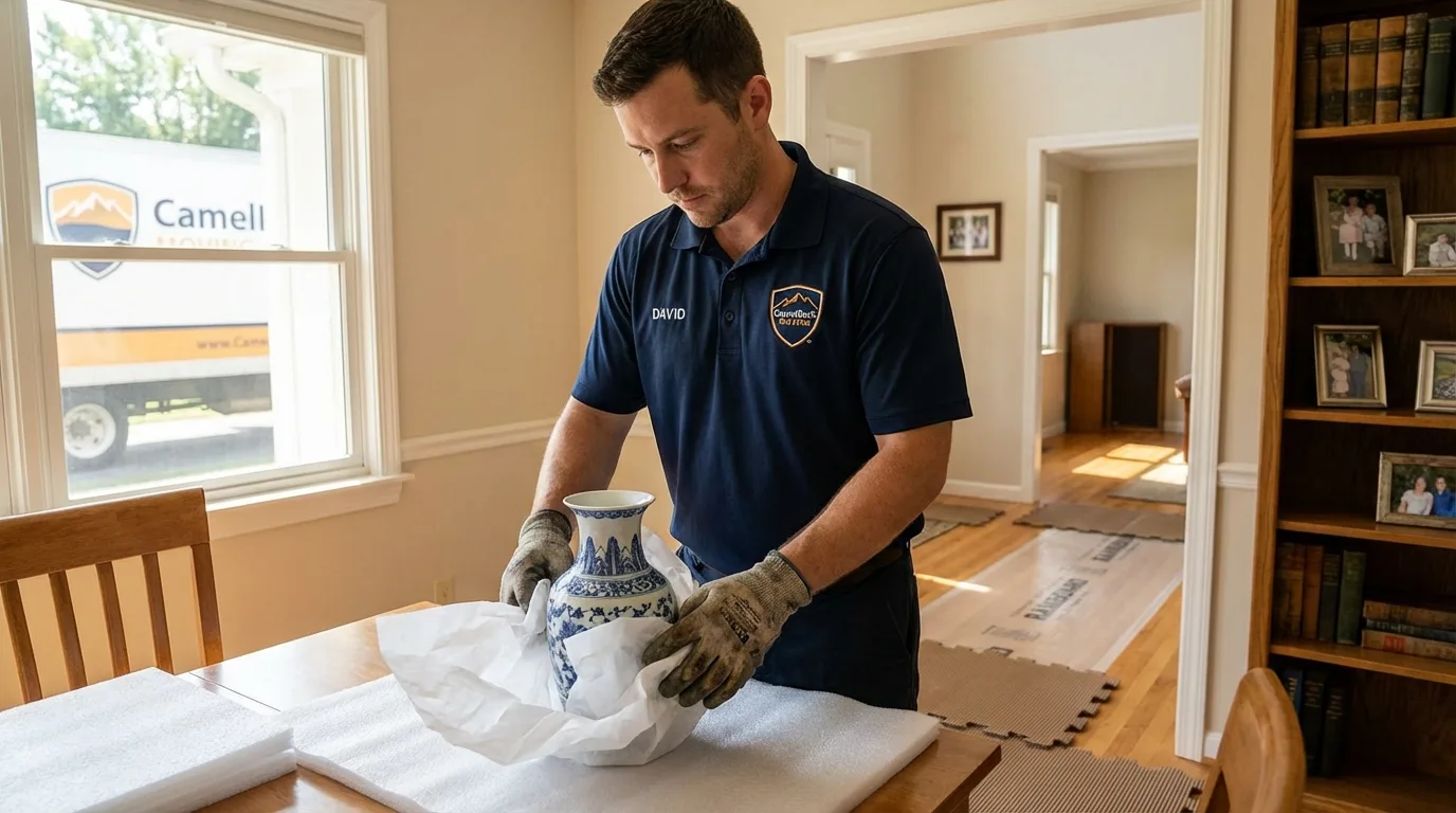 Professional crew carefully wrapping antique vase for senior downsizing move in Libertyville, IL